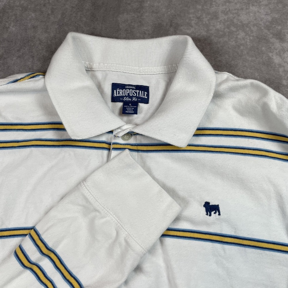 Aeropostale Slim Fit Polo Shirt Sz L Long Sleeve Yellow Blue‎ Stripes Preppy